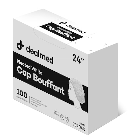 Dealmed Bouffant Cap, 24", Pleated, White, 100/Bag, 10/Cs, 1000PK 784040